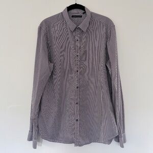 Theory Mens Cotton Slim Fit Petite Plaid Navy Burgundy Button Front Casual LARGE